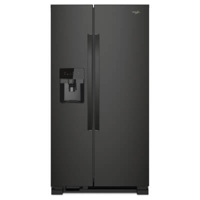 Black stainless Whirlpool® Side-by-Side Refrigerator with exterior ice and water dispenser