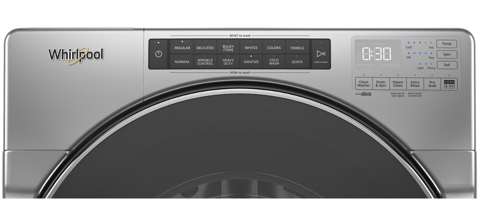 The console of a Whirlpool® washing machine with a sanitize cycle. The console of a Whirlpool® washing machine with a sanitize cycle.