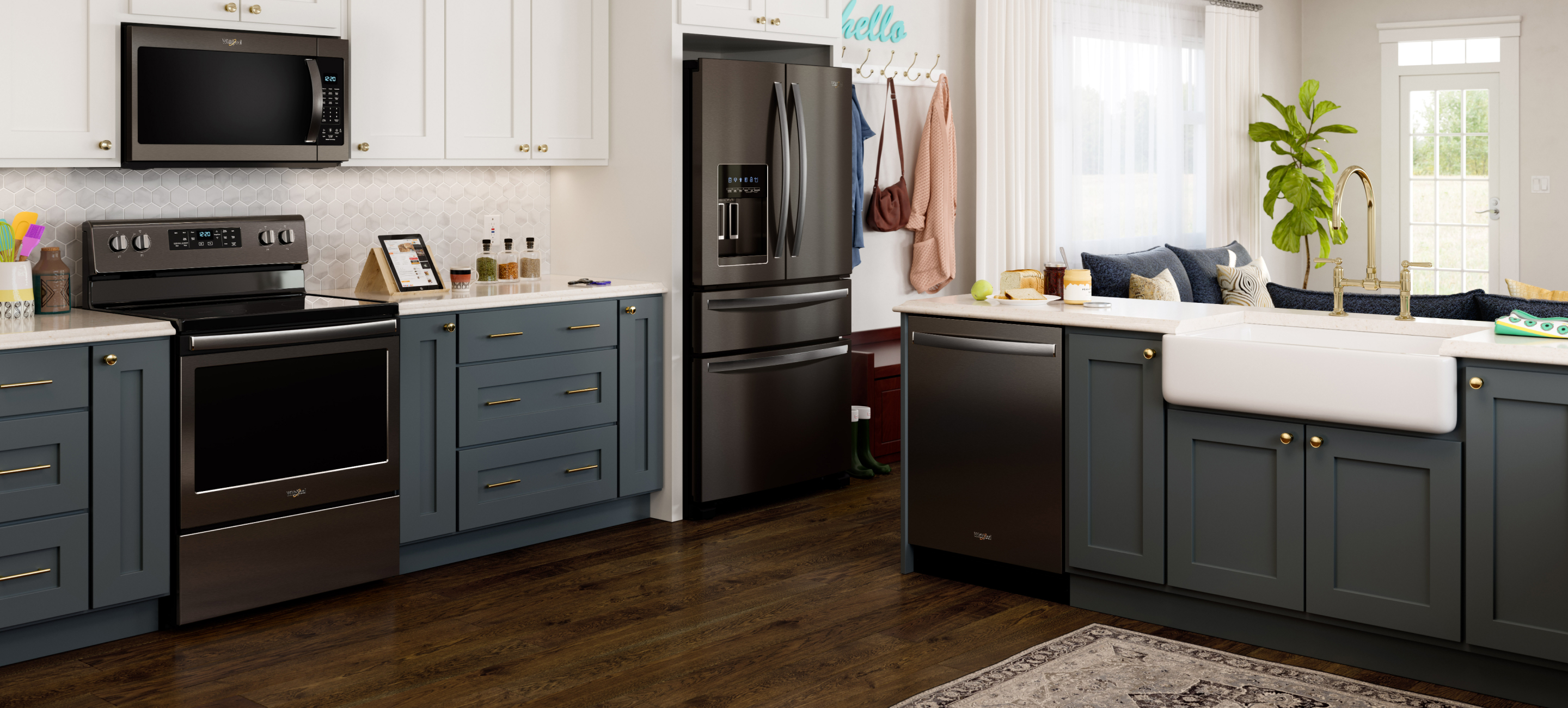 Fingerprint-resistant black stainless steel appliances from Whirlpool.