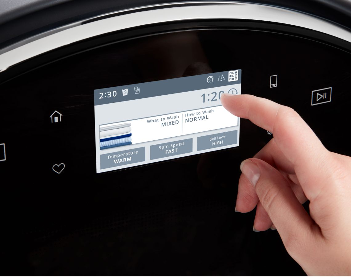 Touchscreen control system for front load washer and dryer.