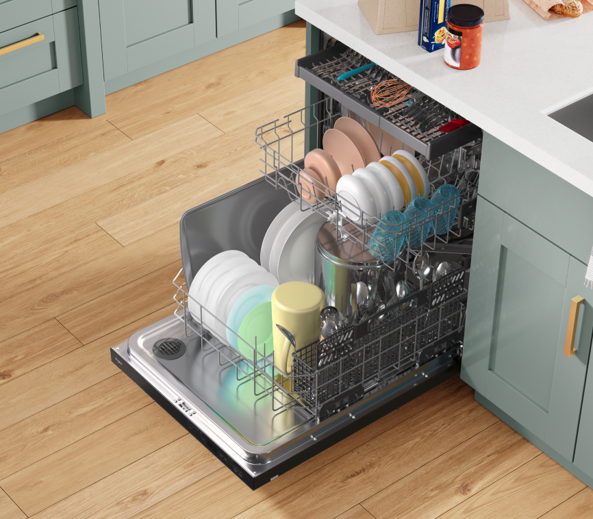 A KitchenAid dishwasher installed in a kitchen