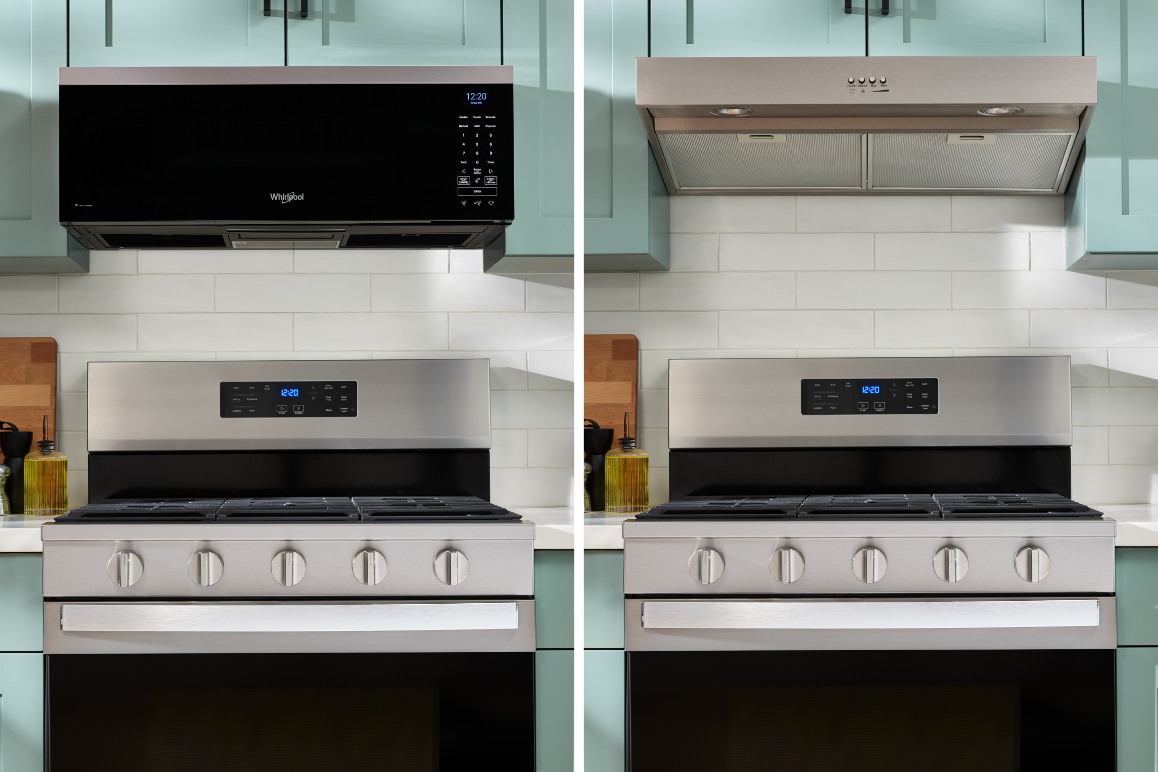A side-by-side image showing a Whirlpool® Over-the-Range Combination Microwave & Vent Hood compared to a Whirlpool® Low Profile Over-the Range Combination Microwave & Vent Hood