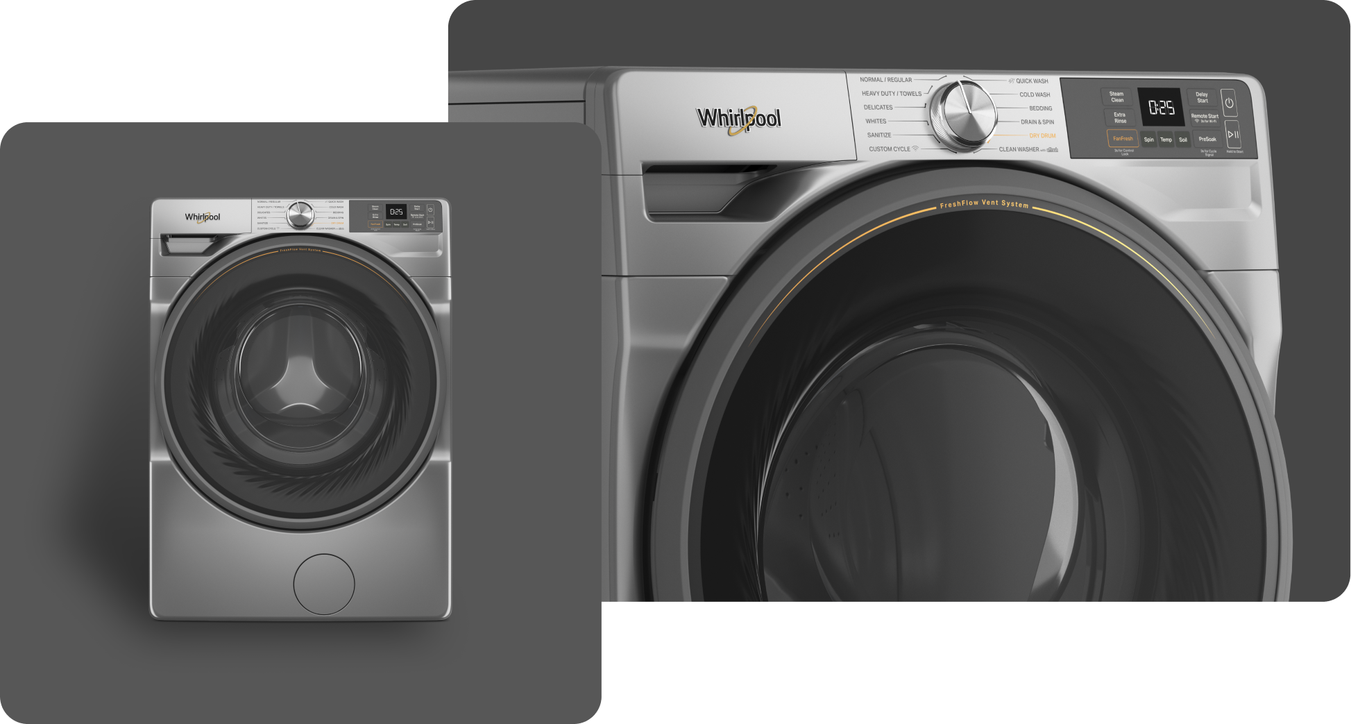 A Whirlpool® Washing Machine with a Radiant Silver finish
