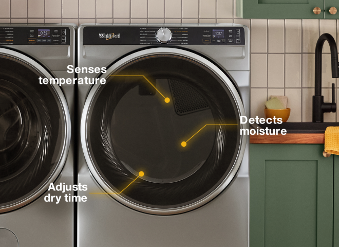 The drum on a Whirlpool® Dyer with labels that say "Senses temperature", "Detects moisture" and "Adjusts dry time"