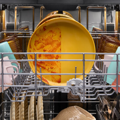 Dirty dishes in a dishwasher