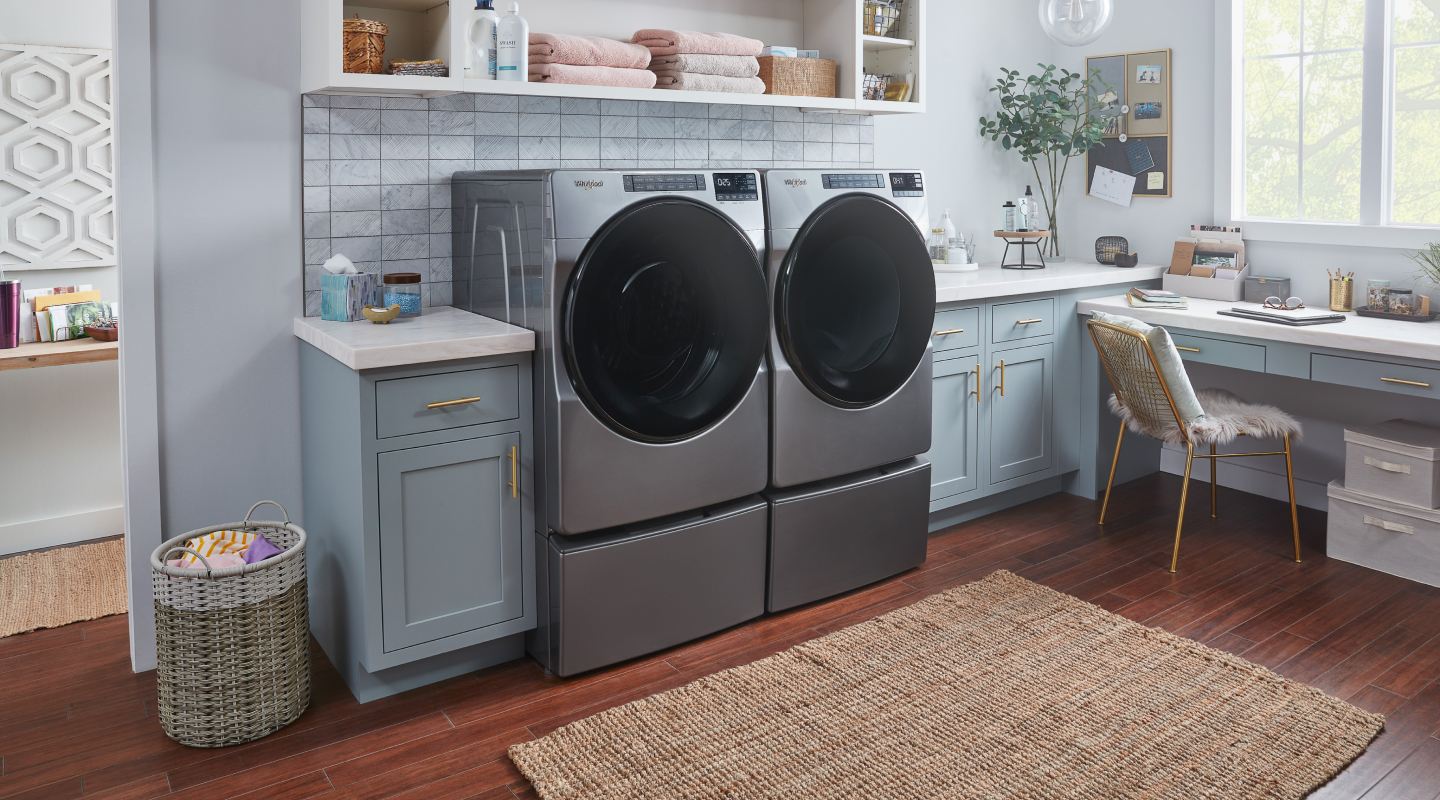Metallic gray Whirlpool® front load washer and dryer Metallic gray Whirlpool® front load washer and dryer