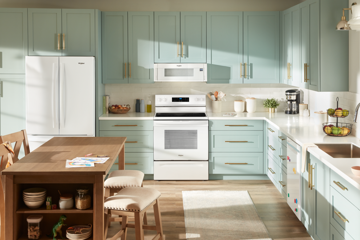 A bright kitchen full of White Whirlpool® Appliances