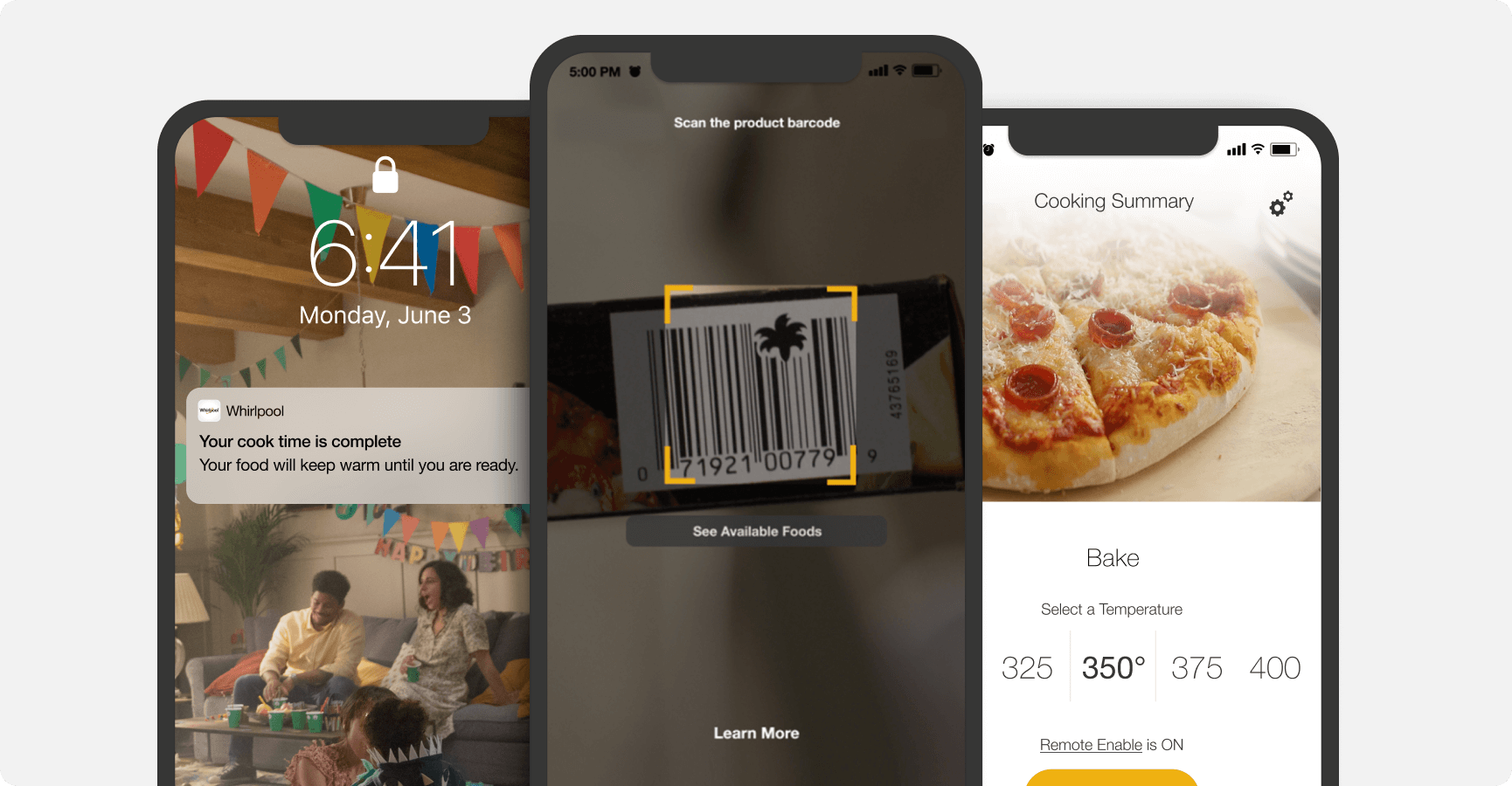 Smart phones featuring notifications, functions and in-app experiences for the Whirlpool® App