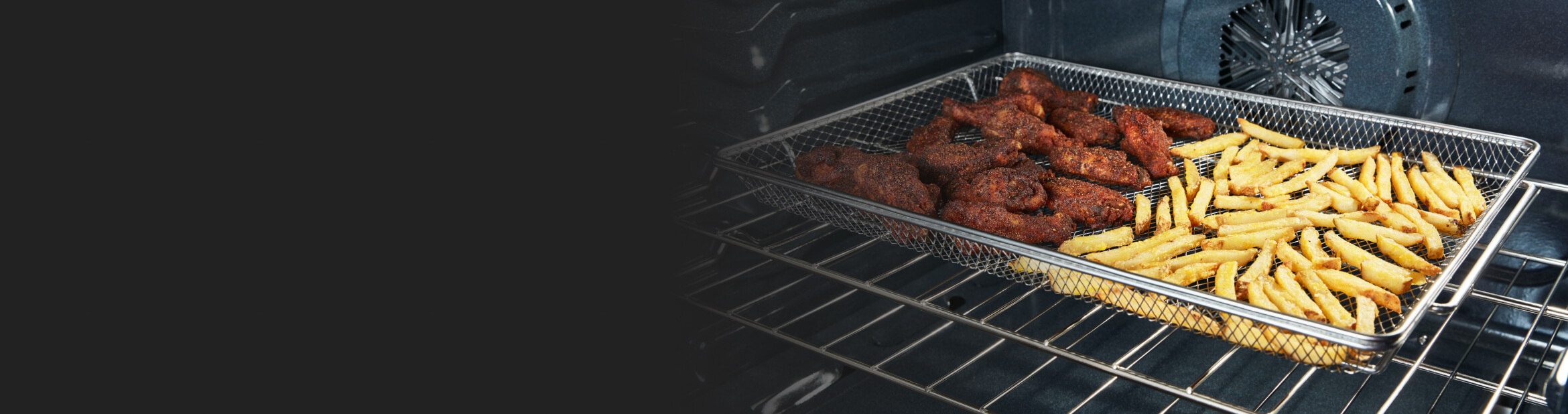 Food frying inside a Whirlpool® Range with Air Fry Mode.