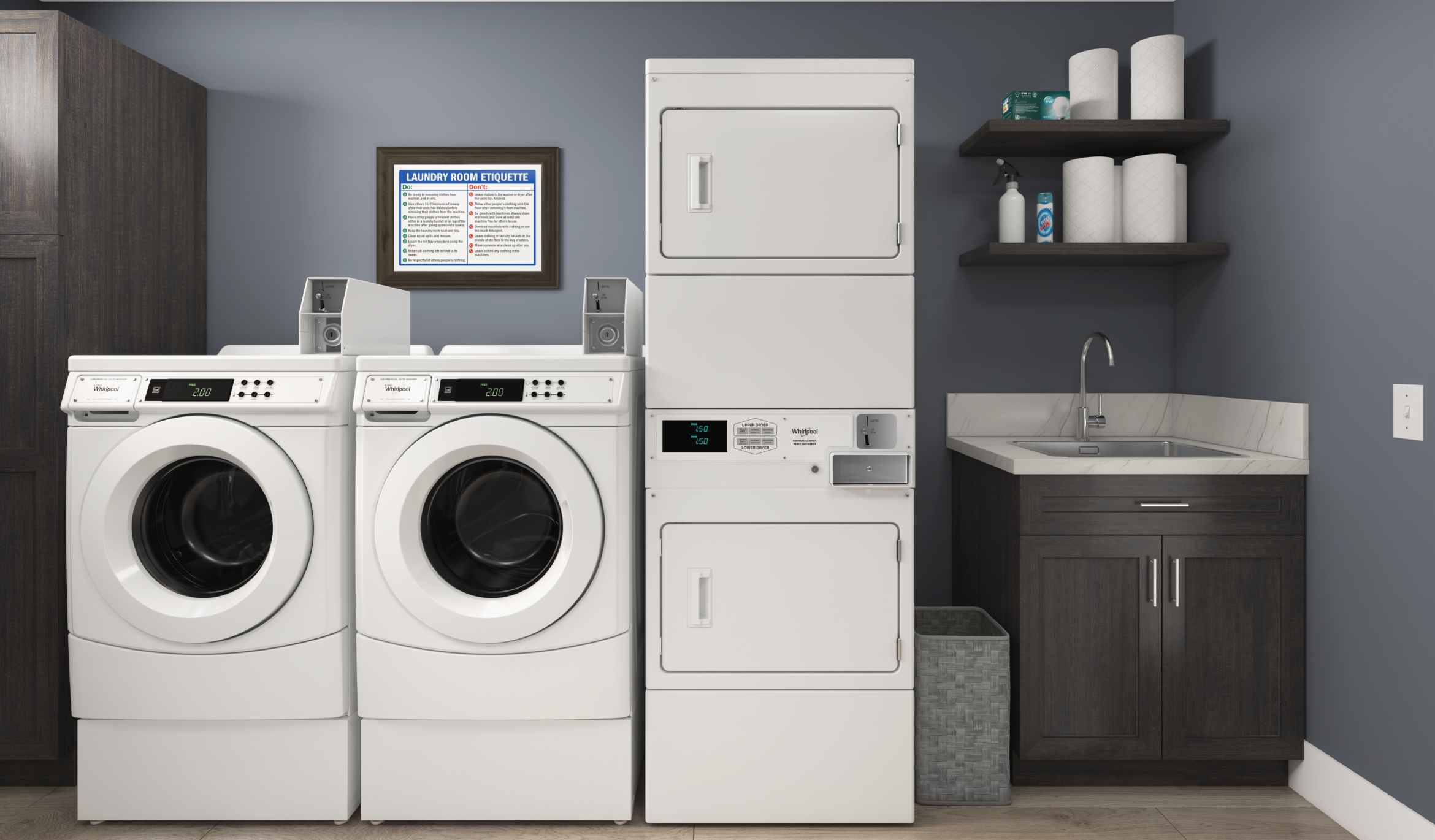 Two Whirlpool® Commercial Washers next to a stackable Whirlpool® Commercial Dryers