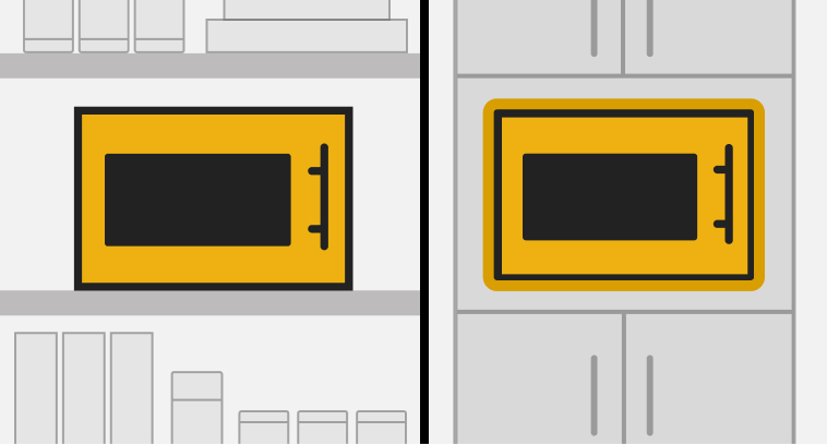 A line drawing showing one microwave on a countertop and another microwave built into cabinets