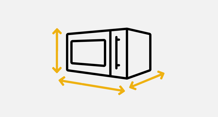 A line drawing of a microwave with arrows indicating height, width and depth