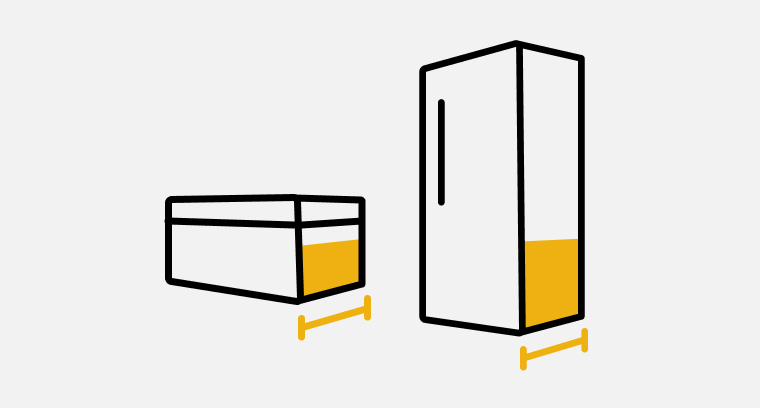 A line drawing of a chest freezer and upright freezer with double-sided arrows showing the depth