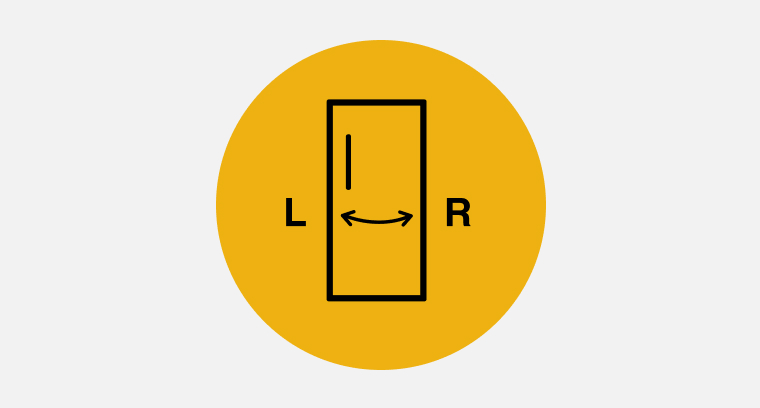 Icon of a upright freezer with a double sided arrow on the door pointing to the right and left