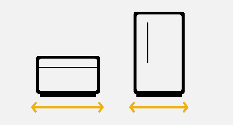 A line drawing of a chest freezer and upright freezer with double-sided arrows showing the width