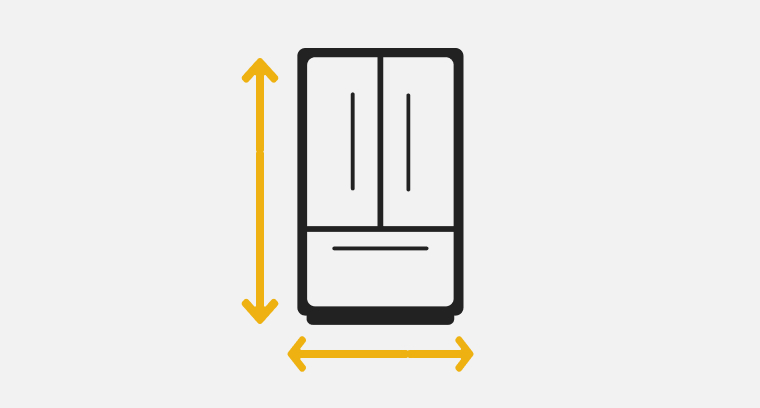 A line drawing of a French door refrigerator with double-sided arrows showing the height and width