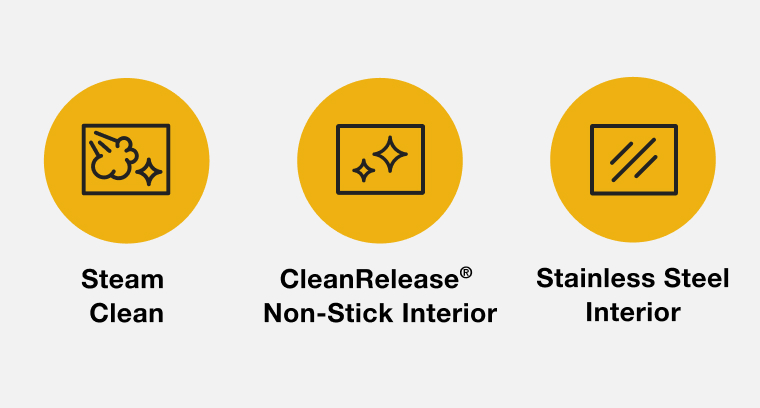 Steam Clean icon, CleanRelease® Non-Stick Interior icon and Stainless Steel Interior icon
