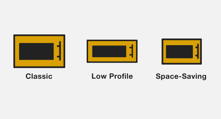 A line drawing of three microwaves side by side, labeled with Classic, Low Profile and Space-Saving