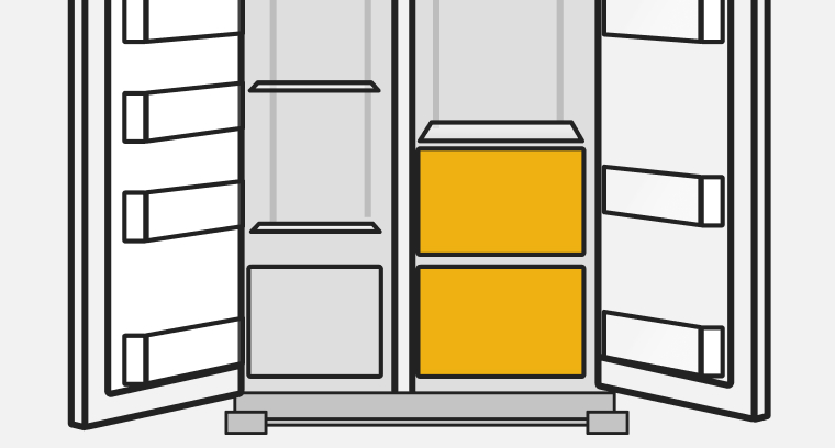A line drawing of an open side-by-side refrigerator with the drawers highlighted