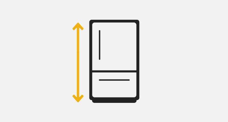 A line drawing a of a bottom mount refrigerator with a double sided arrow showing the height.