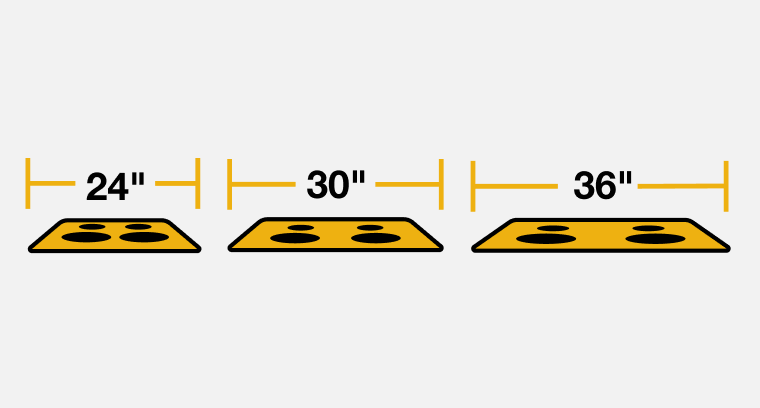 A line drawing of three electric cooktops with sizing indicators showing the different sizes. 