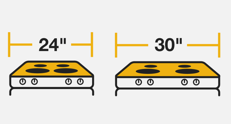 A line drawing of two range cooktops side by side and labeled with 24 and 30 inch width