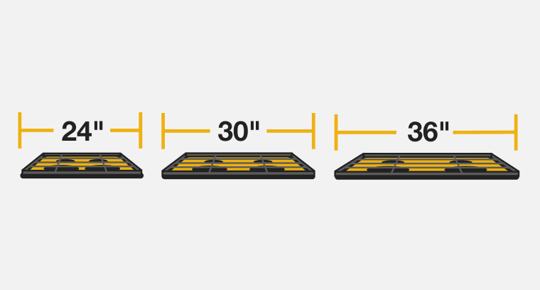 A line drawing of three gas cooktops with sizing indicators showing the different sizes. 