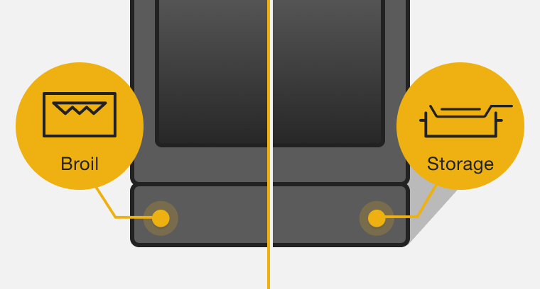 Side-by-side line drawings of the bottom drawer of a range, one side labeled Broil with a broiling icon and the other side labeled Storage with a storage drawer icon 