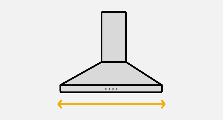 Line drawing of a canopy vent hood with a double-sided arrow showing the width