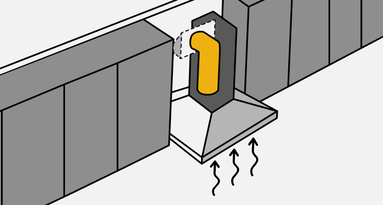 Line drawing of steam lines rising up into a vent hood and through external ducting