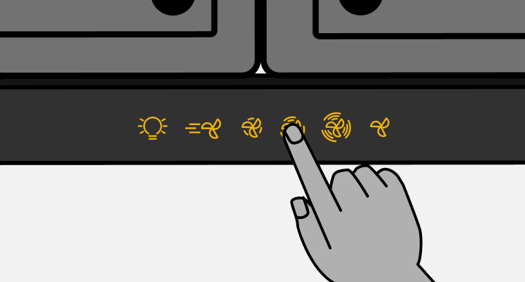 Line drawing of a hand pressing Tap Touch Controls on an undercabinet vent hood