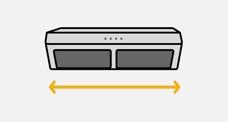 Line drawing of an undercabinet hood with a double-sided arrow showing the width
