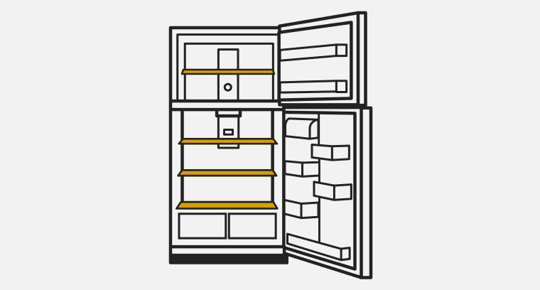 A line drawing of an open top mount refrigerator with the shelves highlighted.