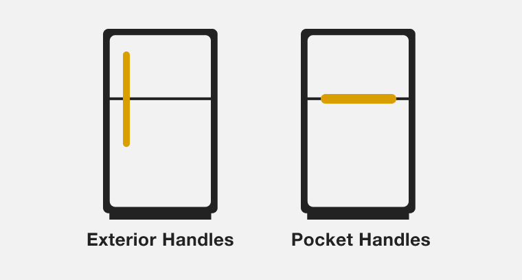Side-by-side line drawings of top mount refrigerators with the exterior and pocket handle positions highlighted. 