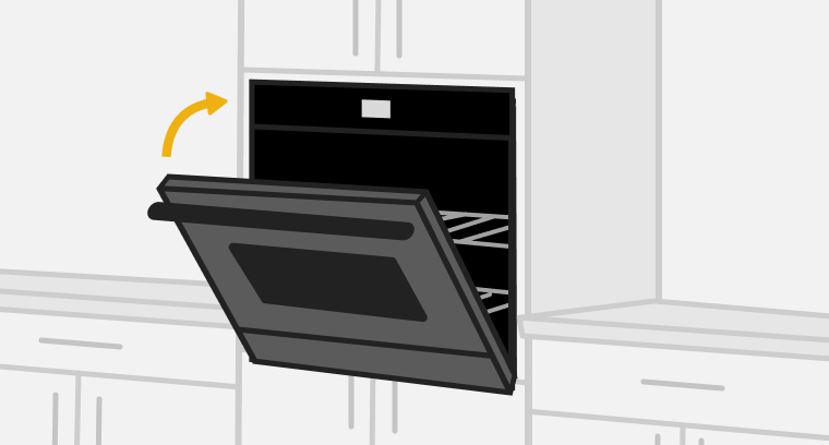 A line drawing of a single wall oven with the door open, and an arrow depicting the self-close door. 