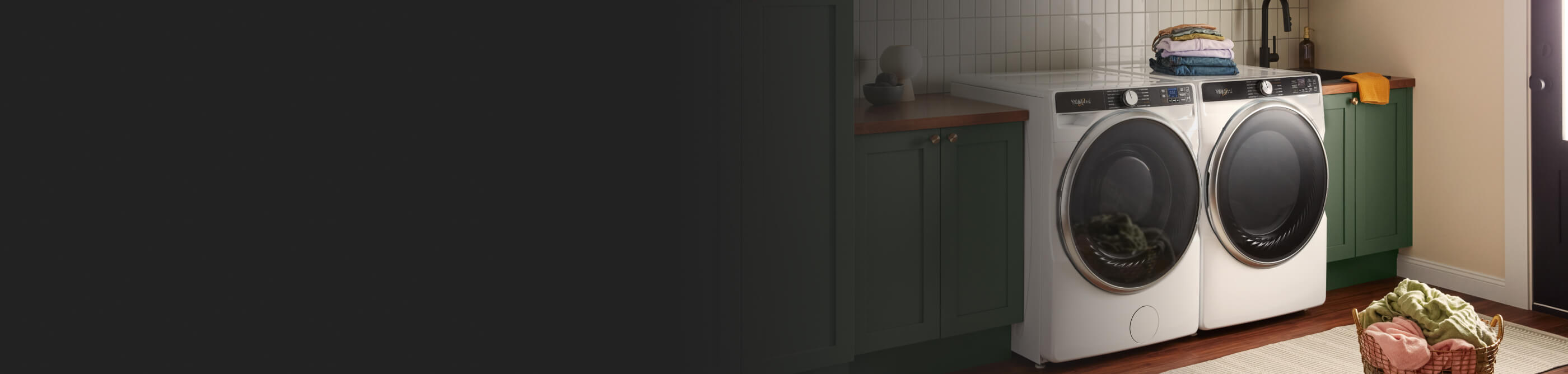 A white Whirlpool® front load washer set