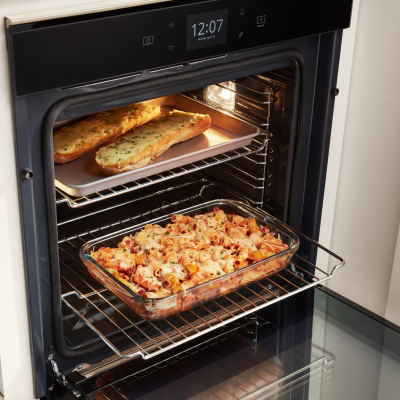 Bread and pasta in an oven