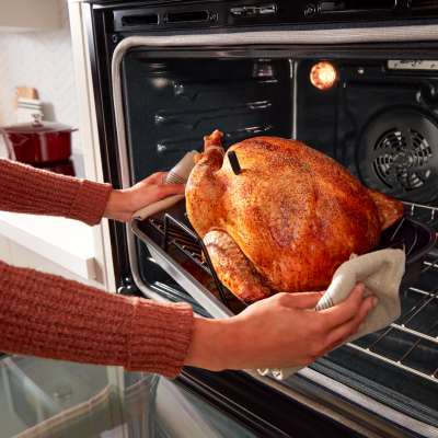 Hands pulling a roasted chicken out of an oven