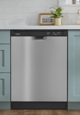 Front control dishwasher built into teal cabinets