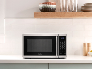 Countertop microwave in a bright kitchen
