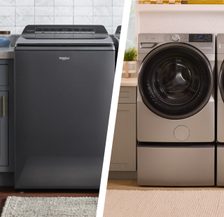 Side-by-side images of top and front load washers