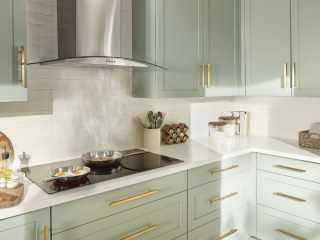A Stainless Steel range hood collecting steam from a cooktop