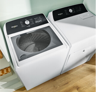 A white Whirlpool® Washer and Dryer Set