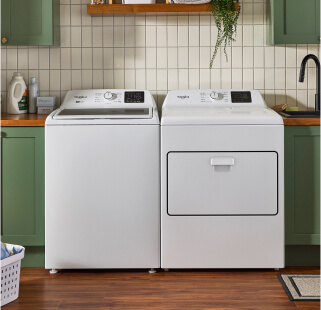A white Whirlpool® Washer and Dryer