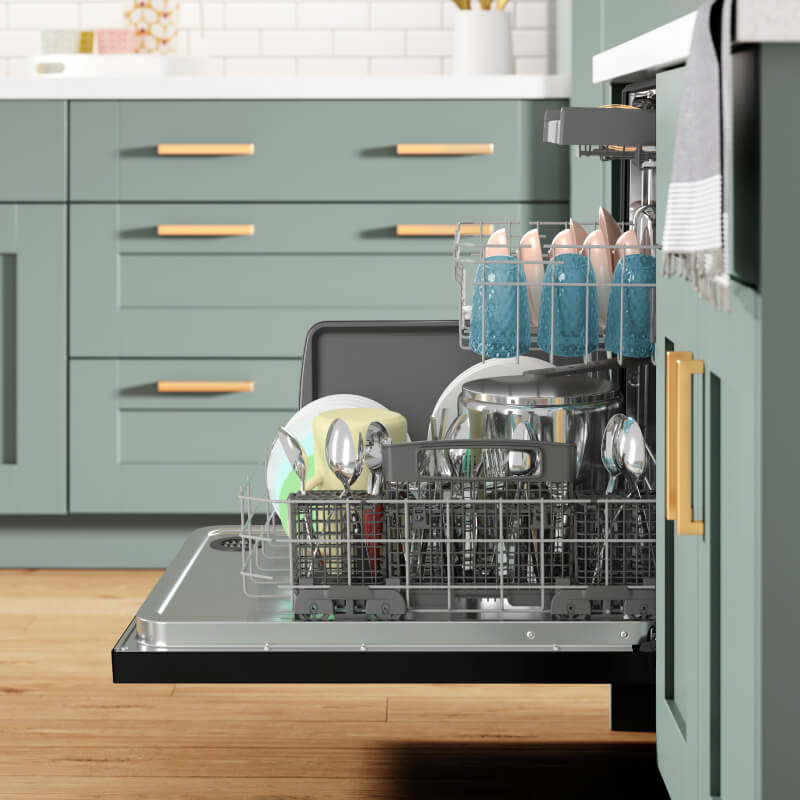 Side view of open dishwasher that’s loaded