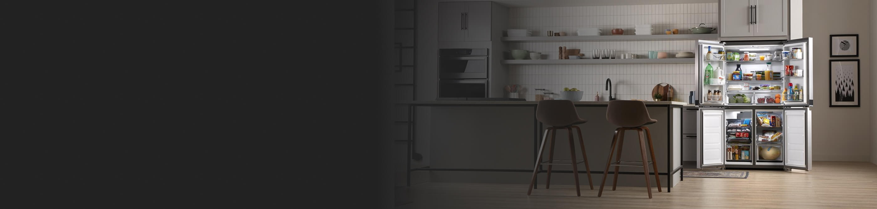 Open Whirlpool® 4-Door Refrigerator stocked with food in open-concept kitchen
