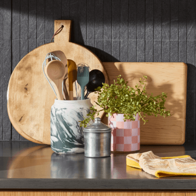 Cooking utensils on a kitchen counter