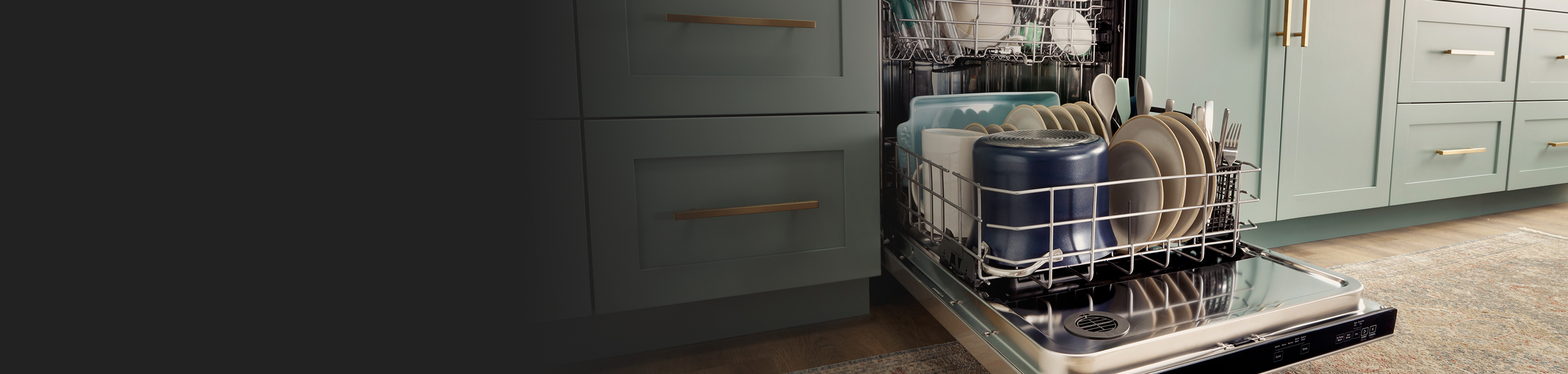 Open dishwasher filled with dishes