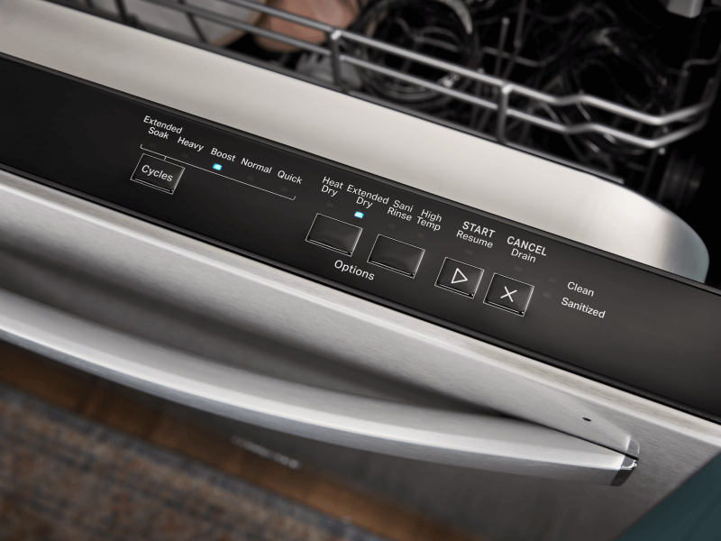 Control panel on a Whirlpool® top control dishwasher