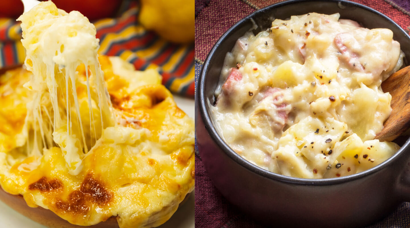 Side-by-side images of two au gratin dishes